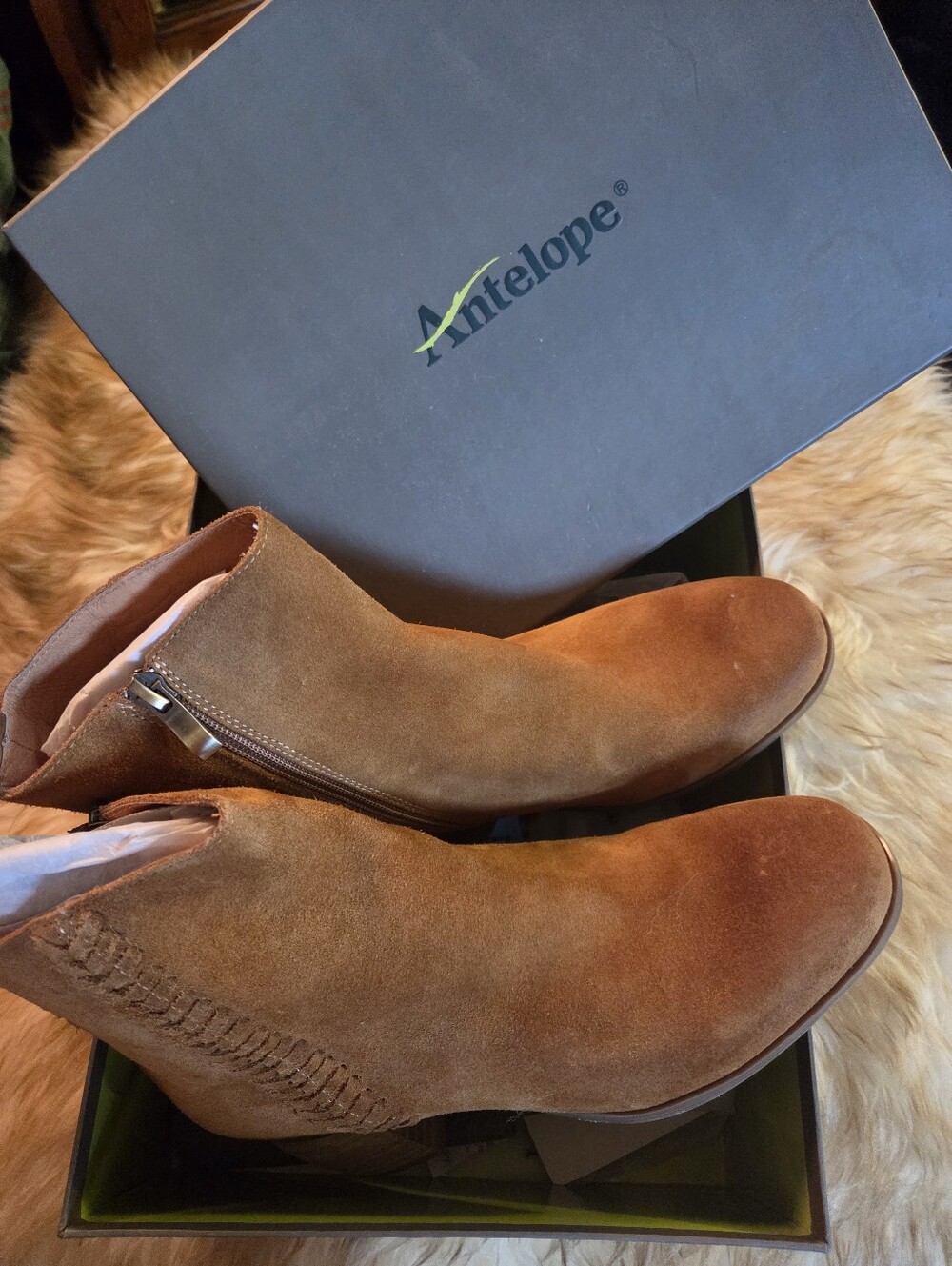 Antelope Tan Leather Suede Ankle Booties with Side Zip